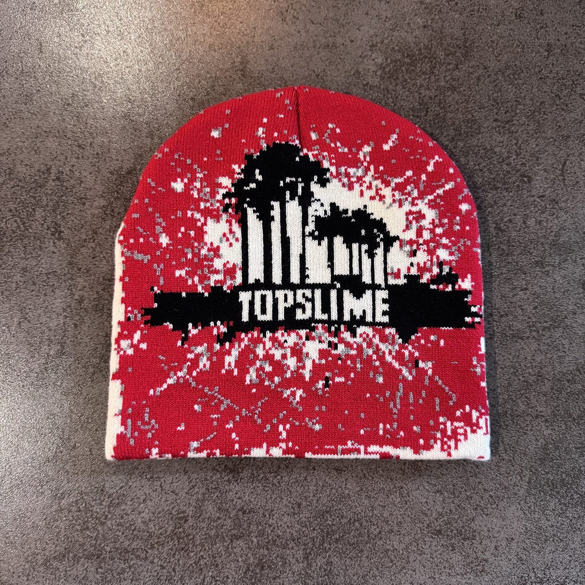 Palm Tree Splatter Knit Beanie Red