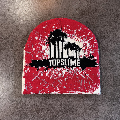 Palm Tree Splatter Knit Beanie Red