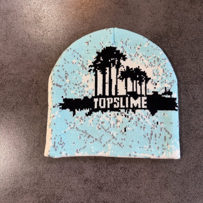 Palm Tree Splatter Knit Beanie Light Blue