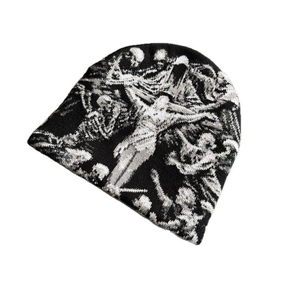 Crucifix Tapestry Graphic Knit Beanie Black