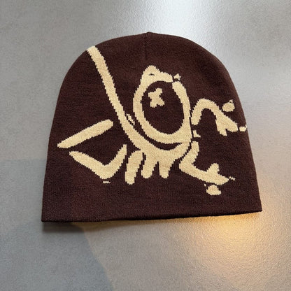 Doodle Skull Knit Beanie Brown