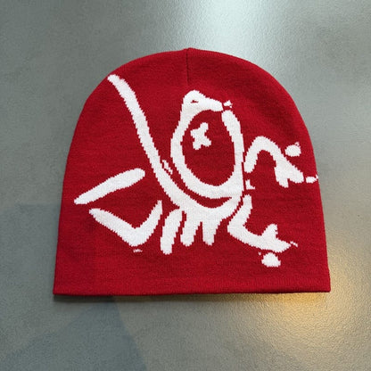 Doodle Skull Knit Beanie Red