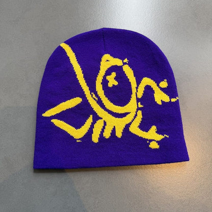 Doodle Skull Knit Beanie Purple