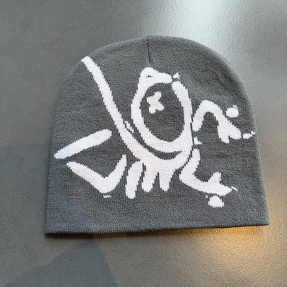Doodle Skull Knit Beanie Gray