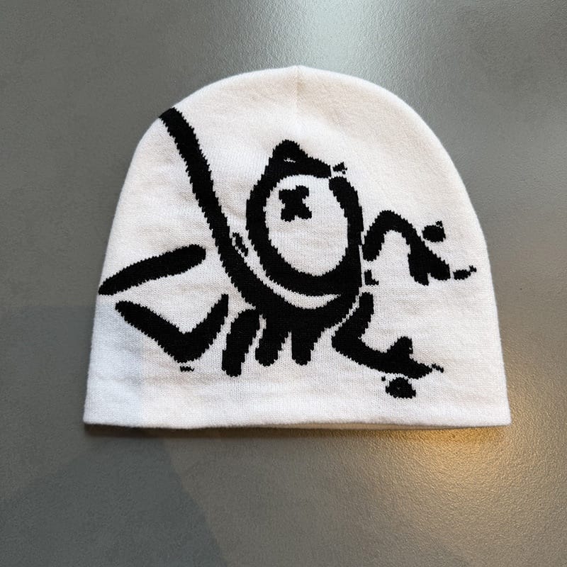 Doodle Skull Knit Beanie White