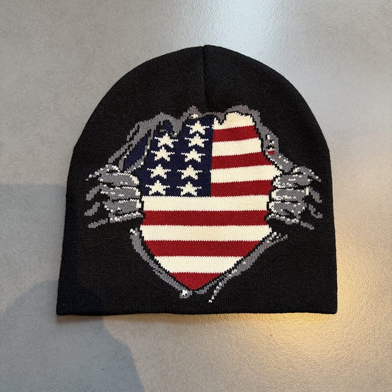 American Flag Shield Knit Beanie Black