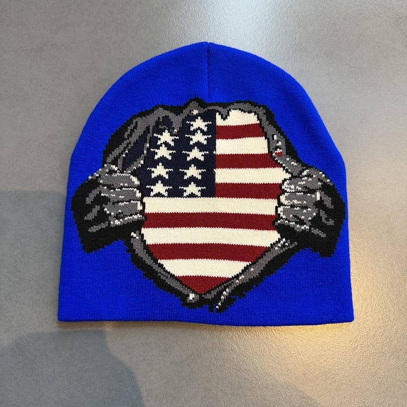 American Flag Shield Knit Beanie Royal Blue
