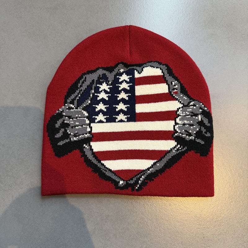 American Flag Shield Knit Beanie Red