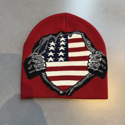 American Flag Shield Knit Beanie Red