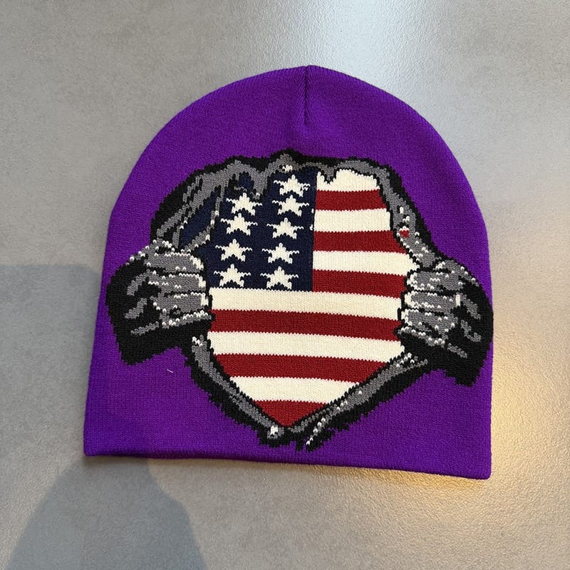 American Flag Shield Knit Beanie Purple