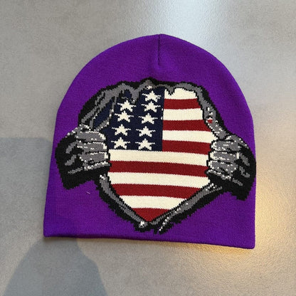 American Flag Shield Knit Beanie Purple