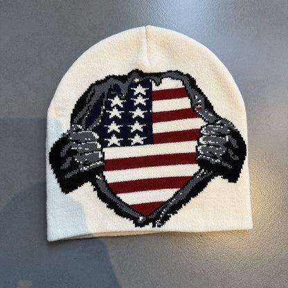 American Flag Shield Knit Beanie Cream