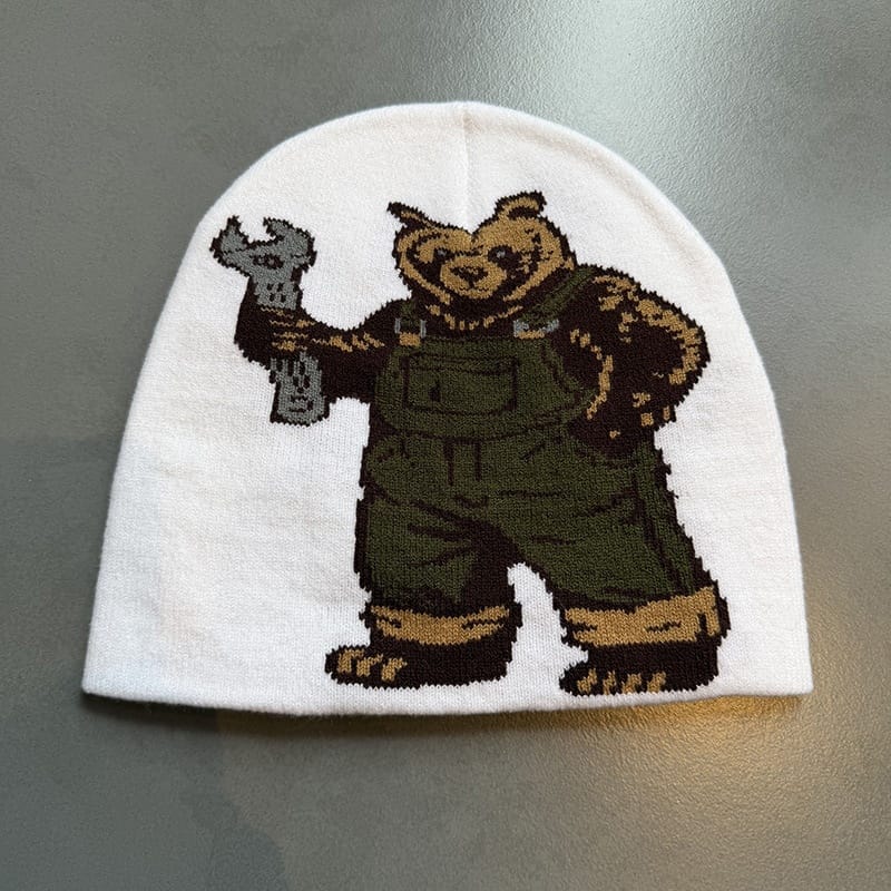 Workwear Bear Knit Beanie White