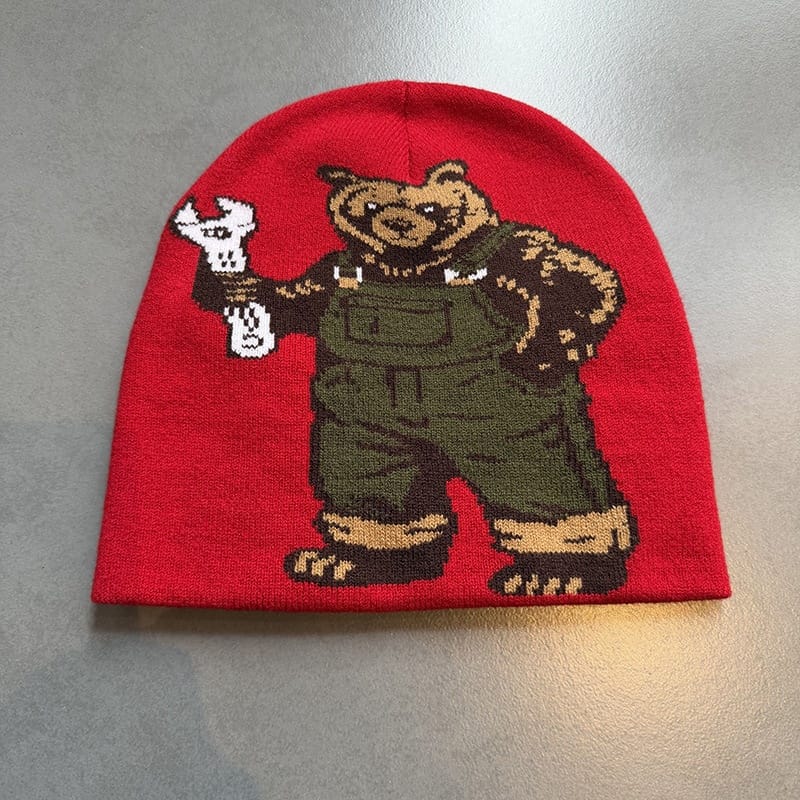 Workwear Bear Knit Beanie Red