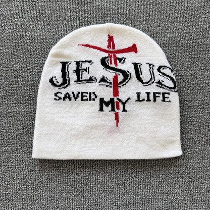 Jesus Saved My Life Knit Beanie White