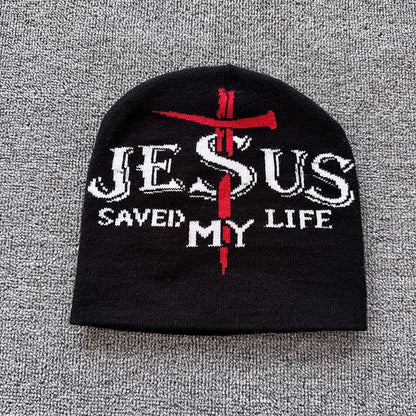 Jesus Saved My Life Knit Beanie Black