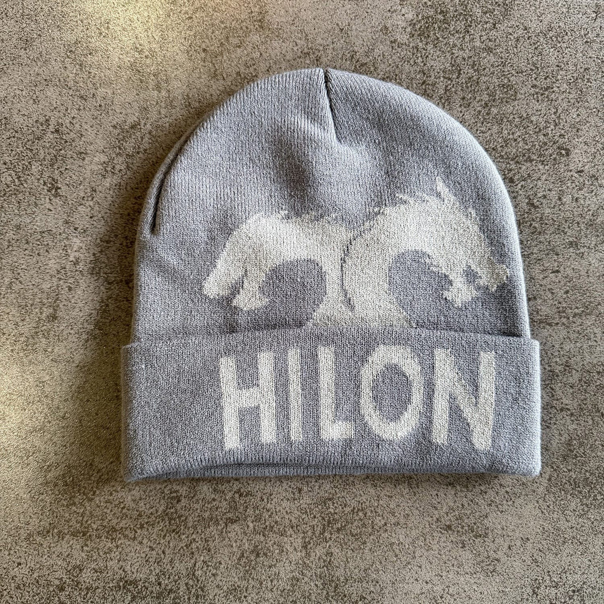 Bear Graphic Cuffed Knit Beanie Gray