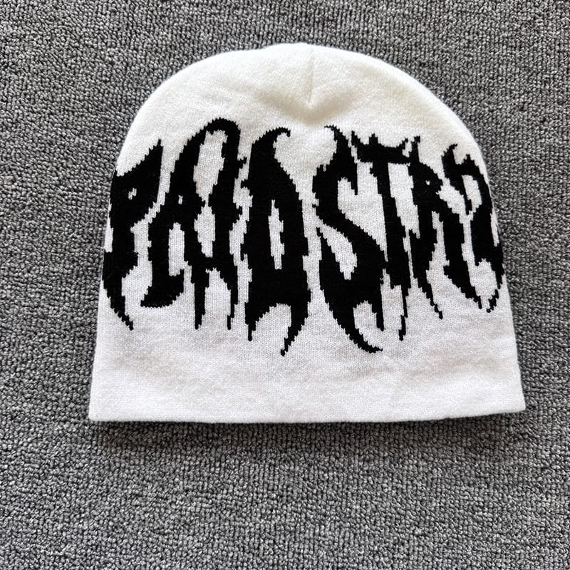 Distorted Gothic Letter Knit Beanie White / Black
