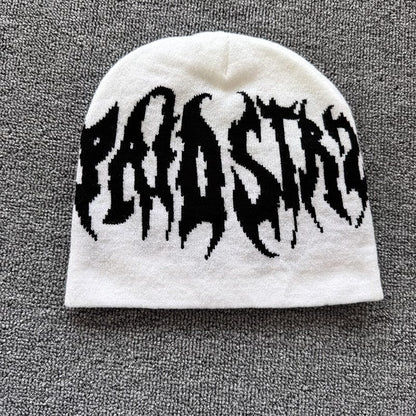 Distorted Gothic Letter Knit Beanie White / Black