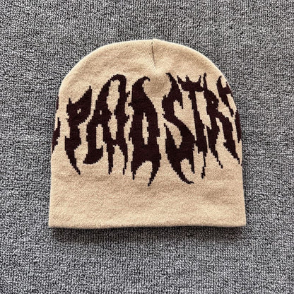 Distorted Gothic Letter Knit Beanie Beige / Brown