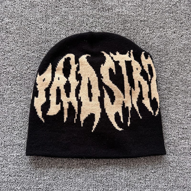 Distorted Gothic Letter Knit Beanie Black / Beige