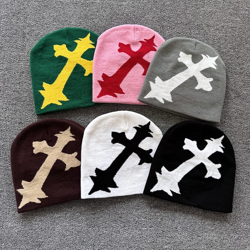 Oversized Gothic Cross Knit Beanie