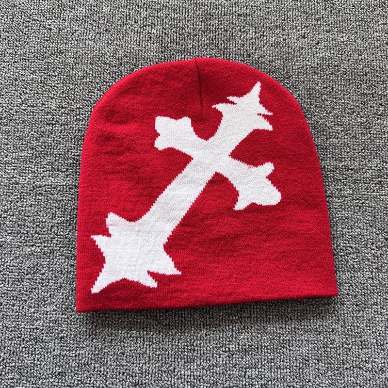Oversized Gothic Cross Knit Beanie Red