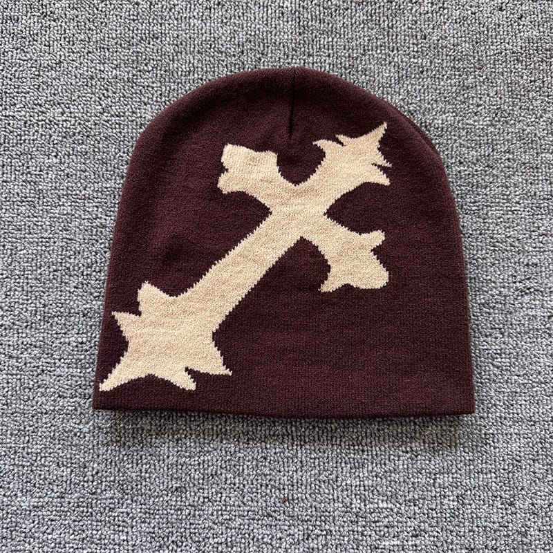 Oversized Gothic Cross Knit Beanie Brown