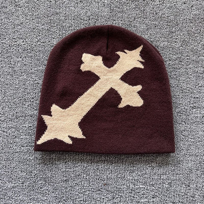 Oversized Gothic Cross Knit Beanie Brown