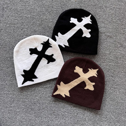 Oversized Gothic Cross Knit Beanie
