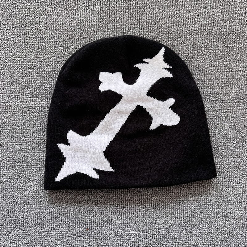 Oversized Gothic Cross Knit Beanie Black