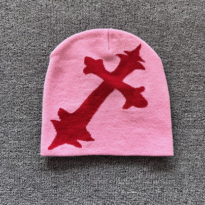Oversized Gothic Cross Knit Beanie Pink