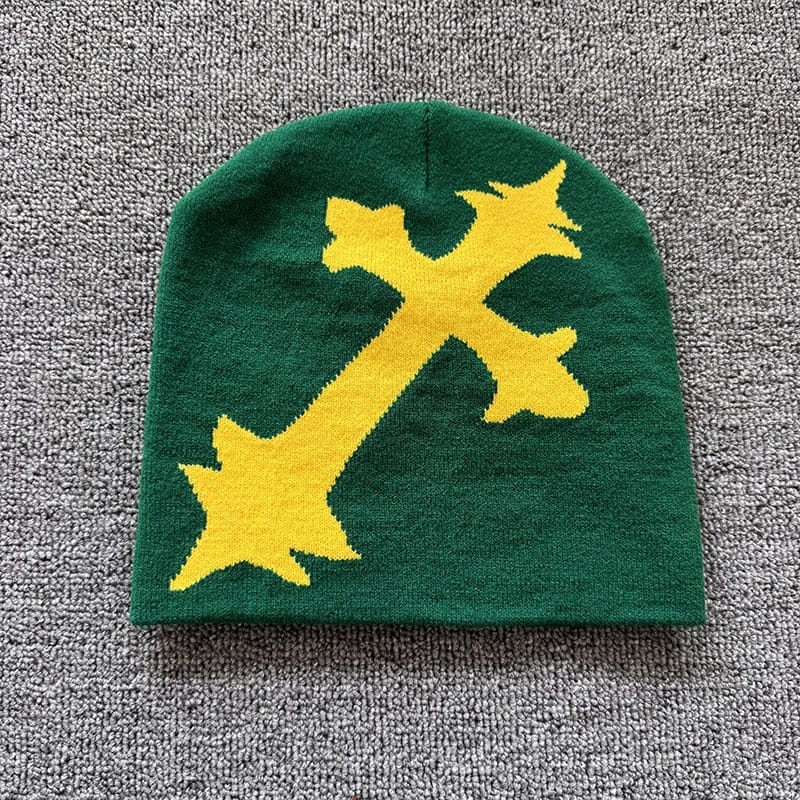 Oversized Gothic Cross Knit Beanie Green