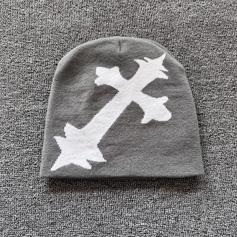 Oversized Gothic Cross Knit Beanie Gray