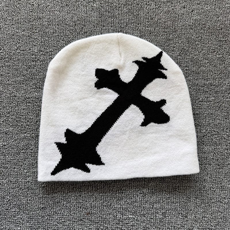 Oversized Gothic Cross Knit Beanie White