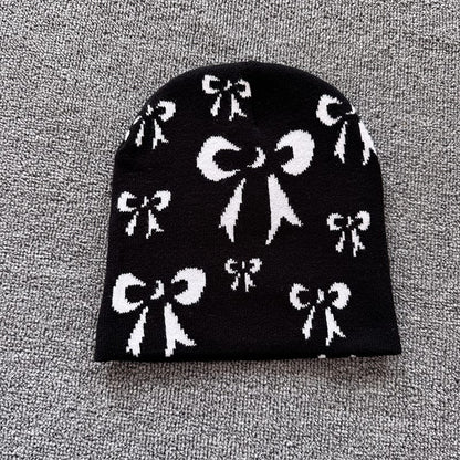 Ribbon Bow Knit Beanie Black / White