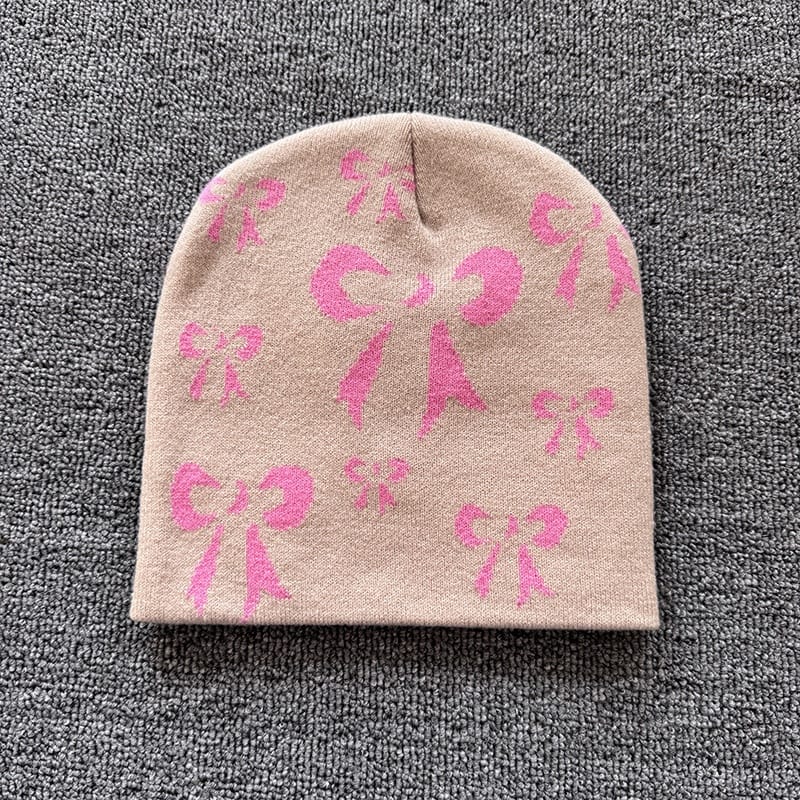 Ribbon Bow Knit Beanie Beige / Pink