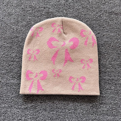 Ribbon Bow Knit Beanie Beige / Pink