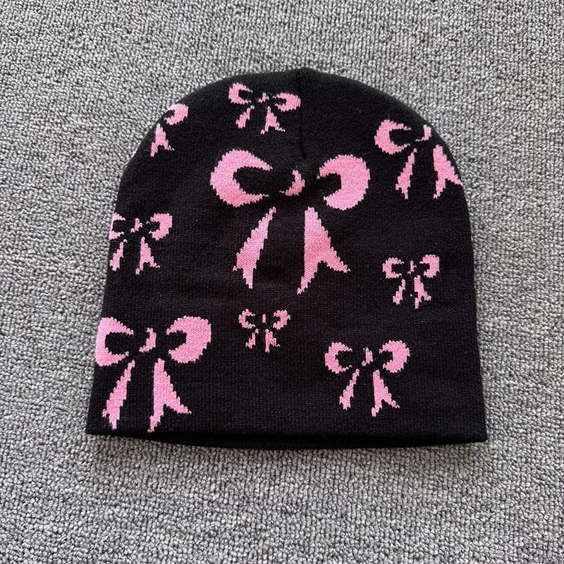 Ribbon Bow Knit Beanie Black / Pink