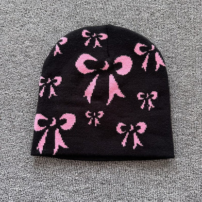 Ribbon Bow Knit Beanie Black / Pink