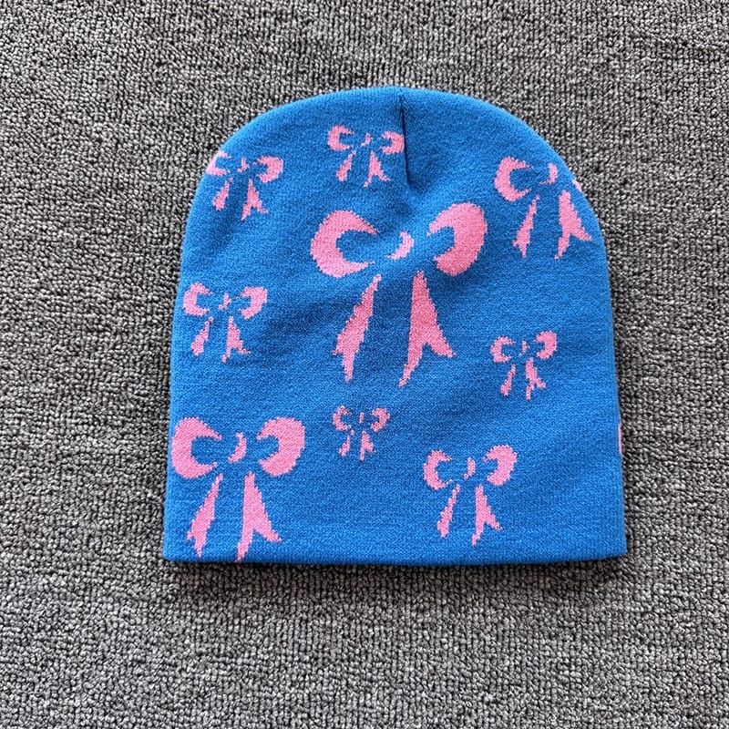 Ribbon Bow Knit Beanie Blue / Pink
