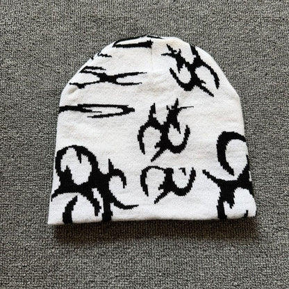 Allover Tribal Knit Beanie White