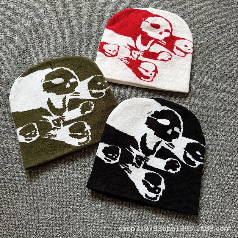 Split Skull Graphic Knit Beanie