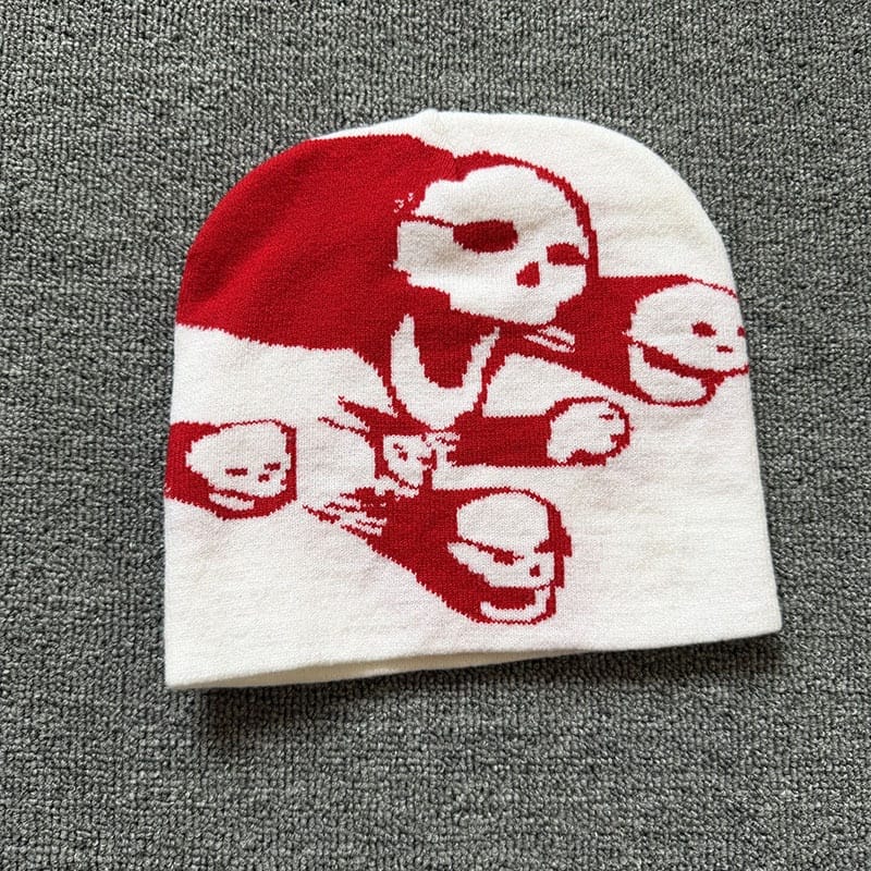 Split Skull Graphic Knit Beanie Red / White