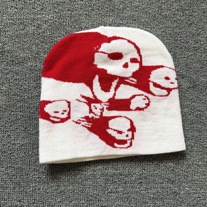 Split Skull Graphic Knit Beanie Red / White