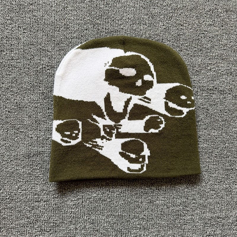 Split Skull Graphic Knit Beanie Olive / White