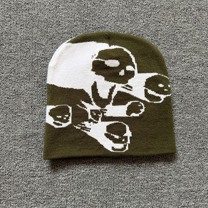 Split Skull Graphic Knit Beanie Olive / White