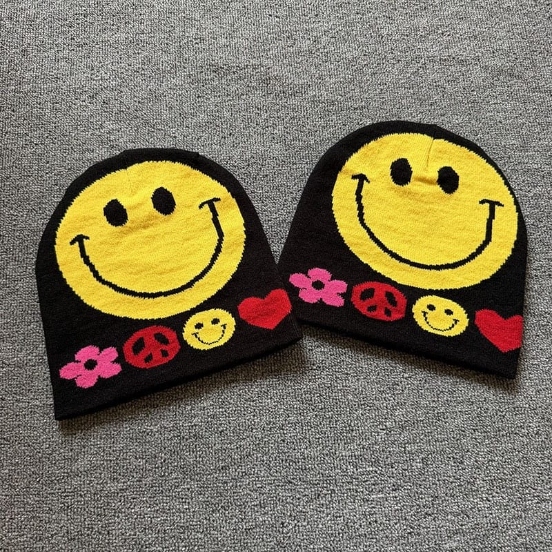 Smiley Peace Knit Beanie Black