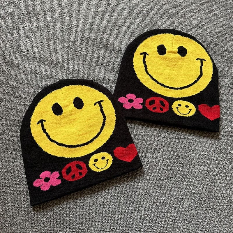 Smiley Peace Knit Beanie Black