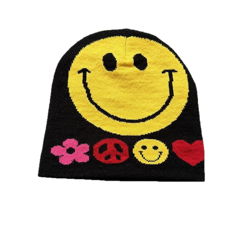 Smiley Peace Knit Beanie Black